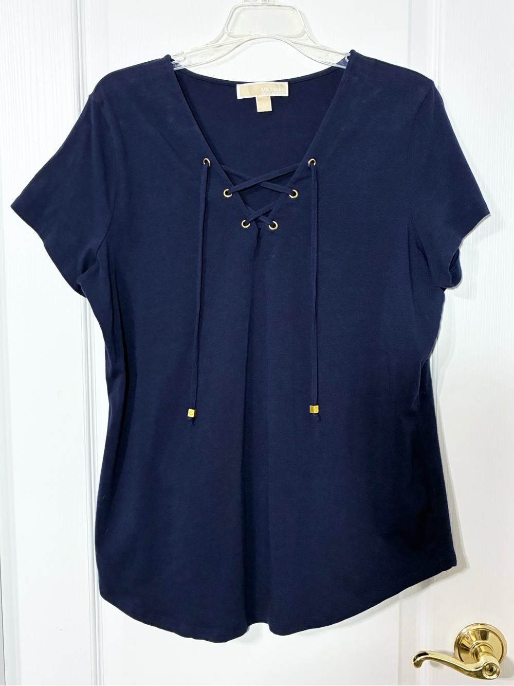 Michael Kors Lace-Up V Neck Short Sleeve Knit Top Gold Hardware Navy Size Large